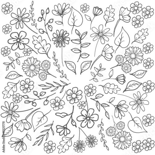 beautiful wreath flower and leaf illustration isolated on white background. black and white colors. hand drawn vector. doodle art for wedding ornament, wallpaper, poster, banner, sticker,greeting card