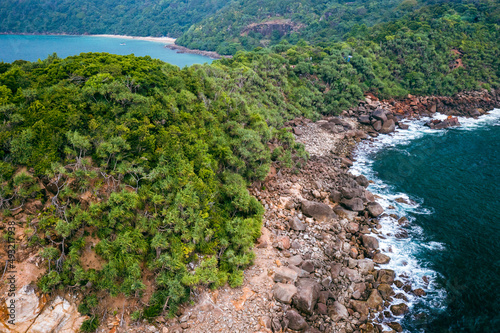 Tropical Jungle Beach in Sri Lanka. Aerial view of Exotic Costline and Rainforest. Paradise Beach. photo
