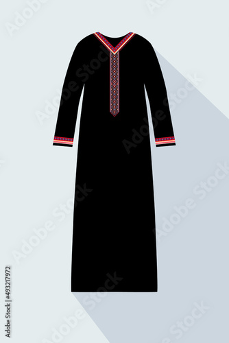 Black embroidery arabian abaya in flat style. Muslim hijab, islamic female dress. Long dress vector illustration.	