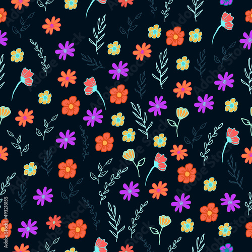 retro floral background. seamless pattern with beautiful flower with leaf illustration on black background. hand drawn vector. small shape. wallpaper, wrapping paper and gift, fashion print, fabric. 