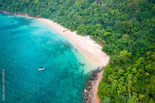 Tropical Jungle Beach in Sri Lanka. Aerial view of Exotic Costline and Rainforest. Paradise Beach.