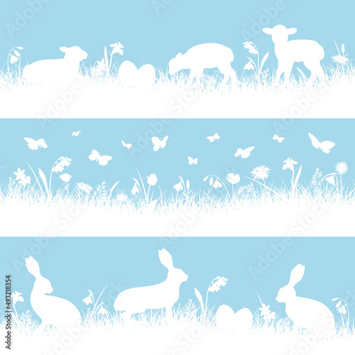 3 Blaue Osterbanner Schafe und Hasen Wiese Himmel