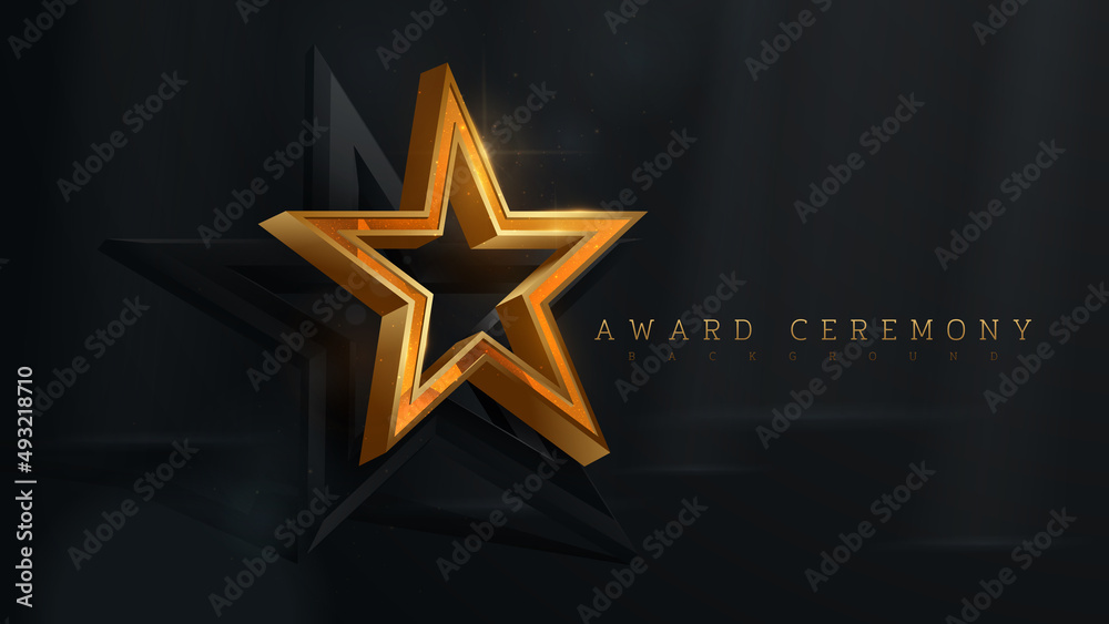 Obraz premium 3d gold star with glitter light effect element and bokeh decoration and beam. Luxury award ceremony background.