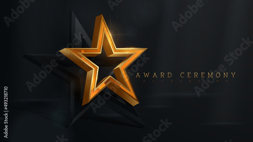 3d gold star with glitter light effect element and bokeh decoration and beam. Luxury award ceremony background.