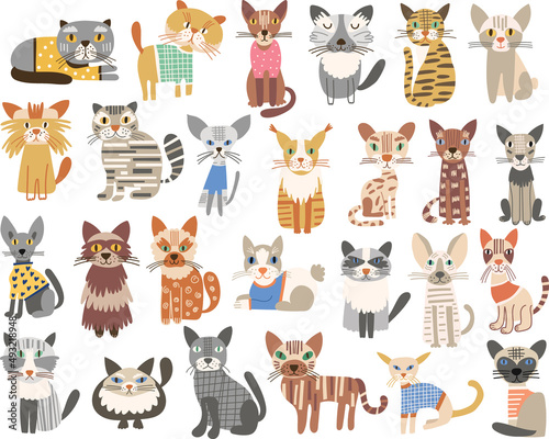 Cat Portrait Clipart Set. Different cat breeds. Vector illustration.