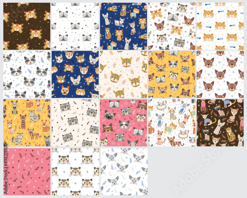 Set of cute patterns with cats. Vector illustration.