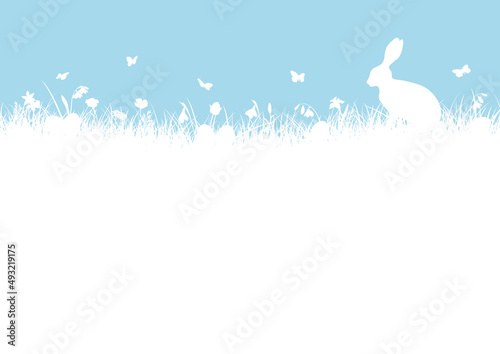 Osterkarte Osterhase In Wiese Mit Ostereiern Und Schmetterlingen Blau