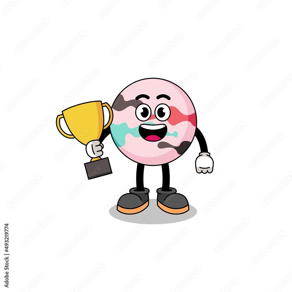 Cartoon mascot of bath bomb holding a trophy