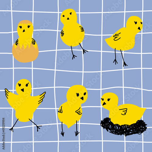 yellow easter chicks with eggs. Character of chick. Easter day. Chick vector. Hand drawn vector.