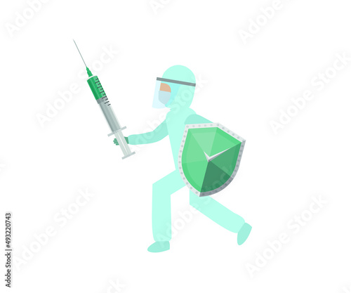 Doctor ready to fight virus with vaccine in hand. Vector design template.
