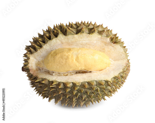 Fresh ripe durian isolated on white. Tropical fruit