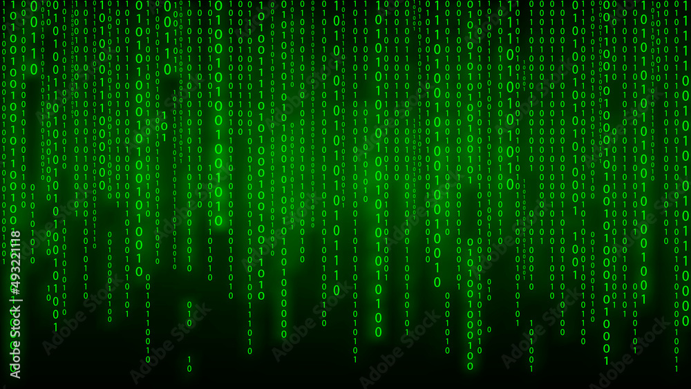 Matrix on vector background. Binary code. Green falling numbers on a dark background. Cyborg programming and hacking concept.