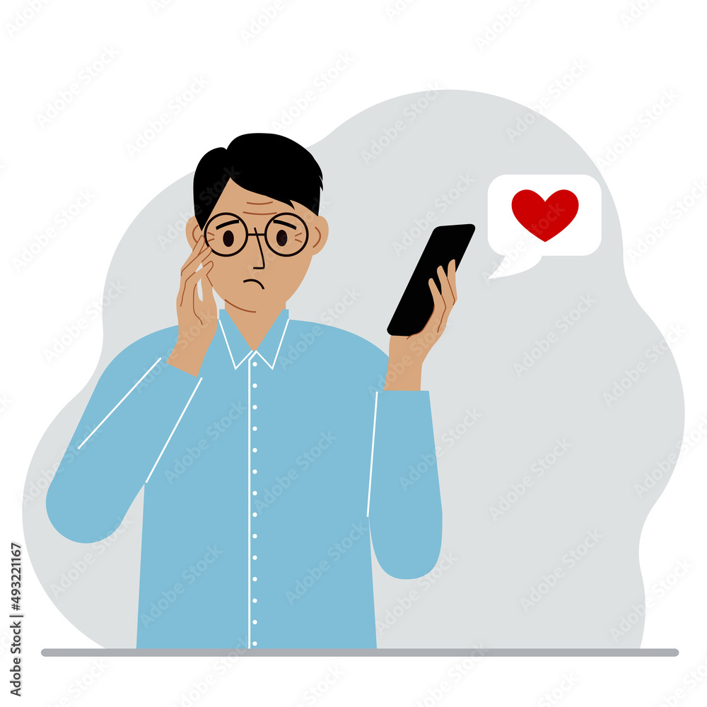 A sad man reads a message on his mobile phone. Message with red heart. Vector A sad man reads a message on his mobile phone. Message with red heart. Vector