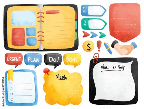 Office Themed Planner and Journal in Water Color Style Vector Illustration