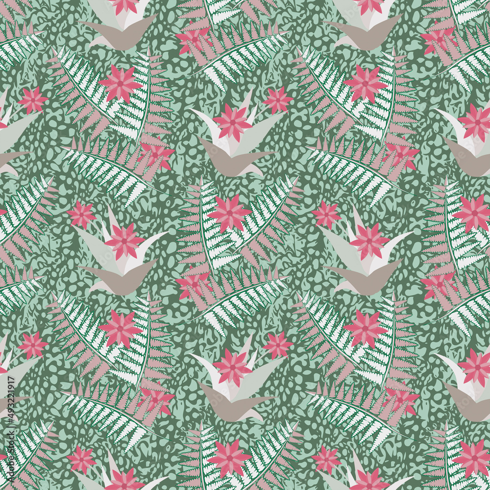 Tropic plants with flowers and leaves, seamless pattern.
