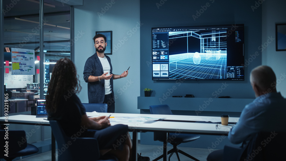 Creative Architect Holds Meeting Presentation of a New Housing Project for a Team of Real Estate Investors. Adult Male Uses TV Screen with Technical Drawings, 3D Renders and Engineering Plans Creative Architect Holds Meeting Presentation of a New Housing Project for a Team of Real Estate Investors. Adult Male Uses TV Screen with Technical Drawings, 3D Renders and Engineering Plans