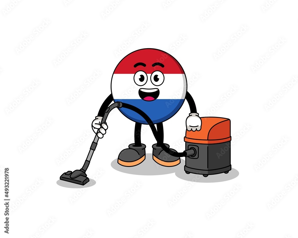 Character mascot of netherlands flag holding vacuum cleaner