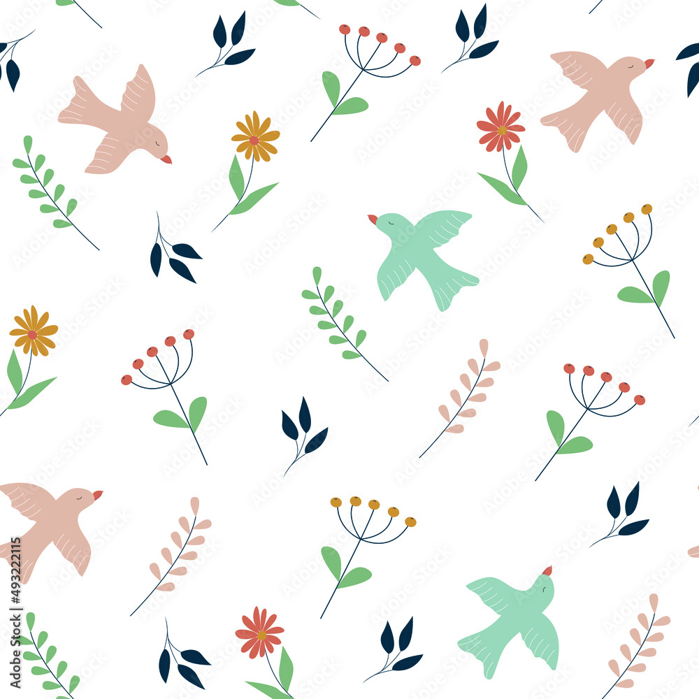 Cute blooming meadow seamless pattern. Birds and flowers on a white background. Creative spring vector background. Colorful childish design.