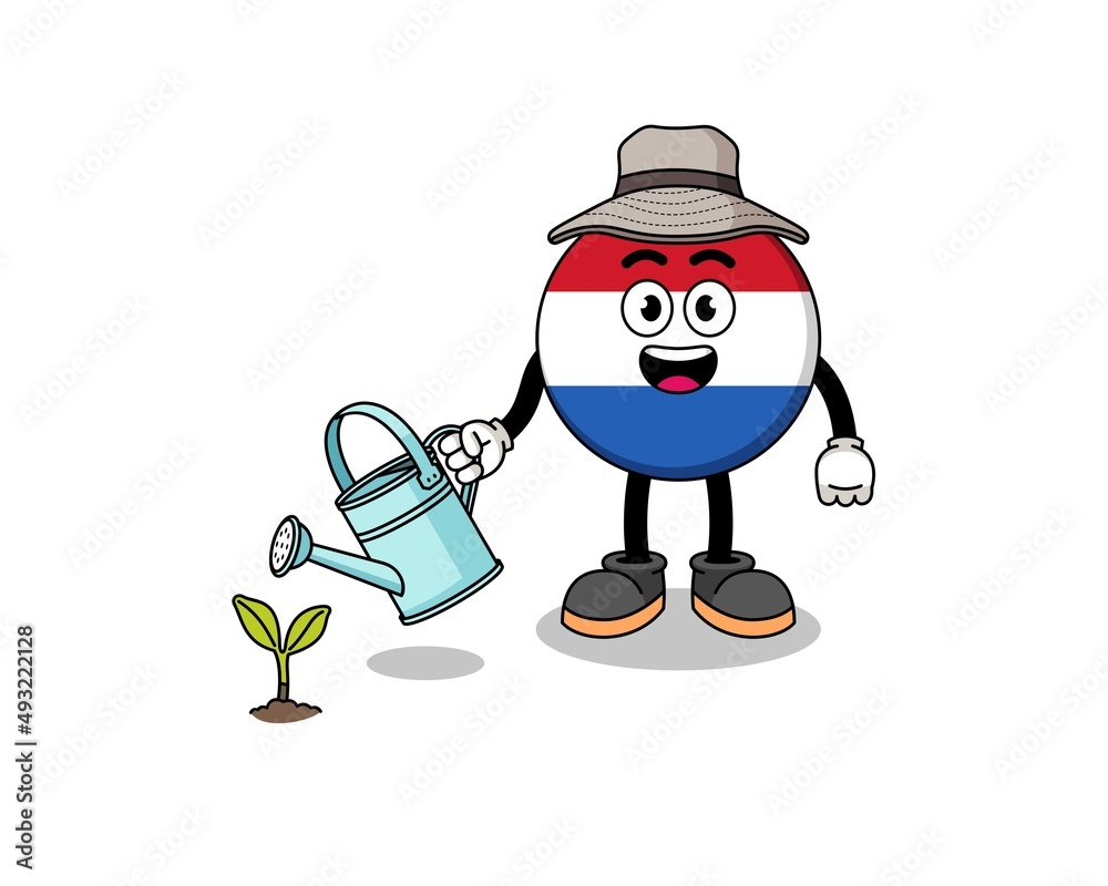 Illustration of netherlands flag cartoon watering the plant