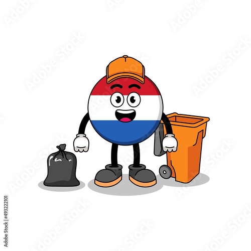 Illustration of netherlands flag cartoon as a garbage collector