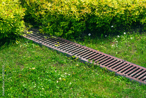 rusty grate drainage system on turf lawn with green grass and foliage bushes in the backyard garden  rainwater drainage system in the park among the plants lit by sun  nobody.