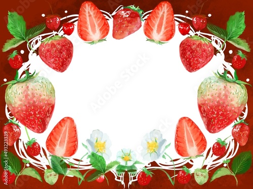 Fototapeta Naklejka Na Ścianę i Meble -  Watercolor painting of fresh strawberries and berries with cute check pattern frame	