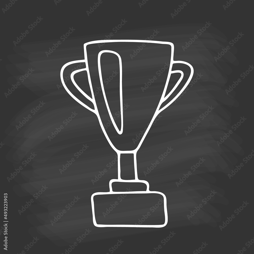 Hand drawn trophy Cup for winner on chalkboard. White outline on black background. Cute element in doodle style for card, social media banner, sticker, decoration kids playroom. Vector illustration Hand drawn trophy Cup for winner on chalkboard. White outline on black background. Cute element in doodle style for card, social media banner, sticker, decoration kids playroom. Vector illustration