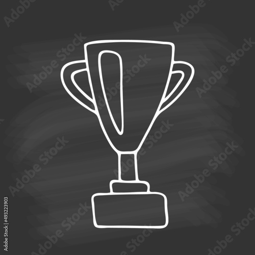 Hand drawn trophy Cup for winner on chalkboard. White outline on black background. Cute element in doodle style for card, social media banner, sticker, decoration kids playroom. Vector illustration