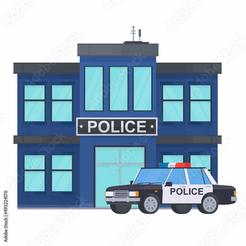 Police station. Prison building with a police car, vector illustration