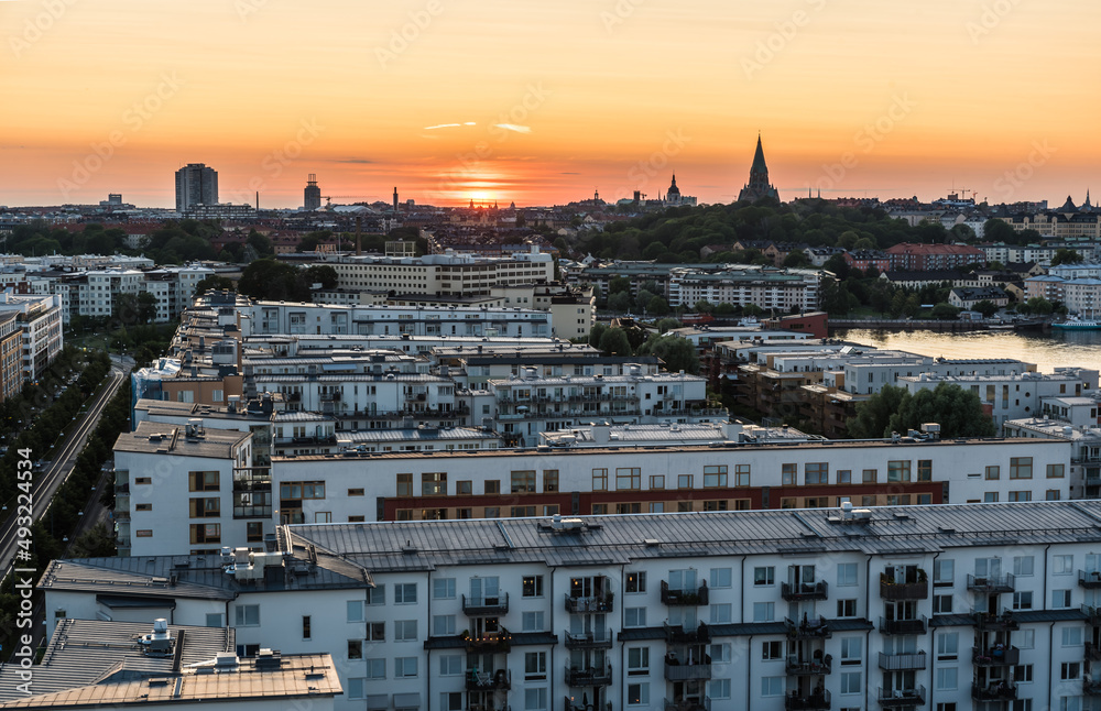 Stockholm, Sweden - Colorful sunset with a view over the city skyline taken from the Radisson hotel roof