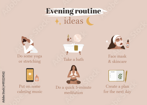 Evening routine ideas. Self care checklist. Vector