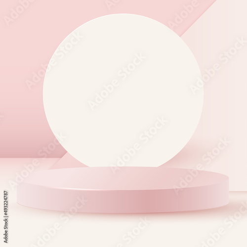Minimalistic stage with a round podium. A cylindrical podium against a background of soft postel tones . Vector