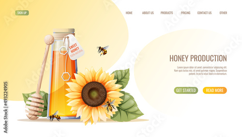 Honey products. Honey jar, sunflower, bees. Honey shop webpage design template. Vector illustration for banner, advertisement, web page, cover