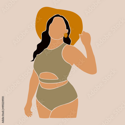 Modern abstract woman body figure in swimsuit. Female shape. International plus size women in underwear. Contemporary art.Silhouette of summer faceless woman. Minimalist aesthetic vector illustration