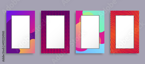 Colorful photo frames set vector illustration, rectangular shape border boxes with various colors and ornament patterns isolated on grey background
