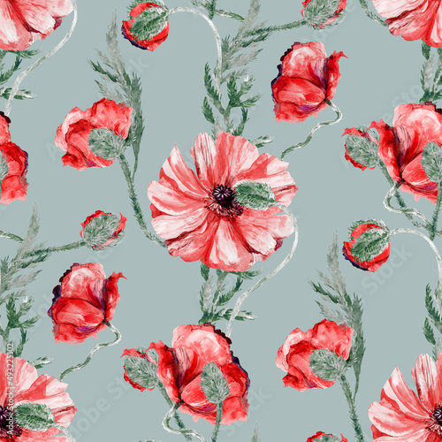 Realistic botanical motif with red poppies on gray background for textile and surface design. Watercolor seamless pattern