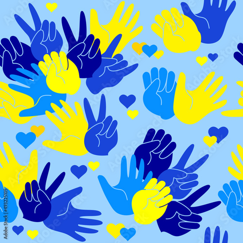 Palms and hearts  yellow and blue colors. Seamless pattern. Vector.