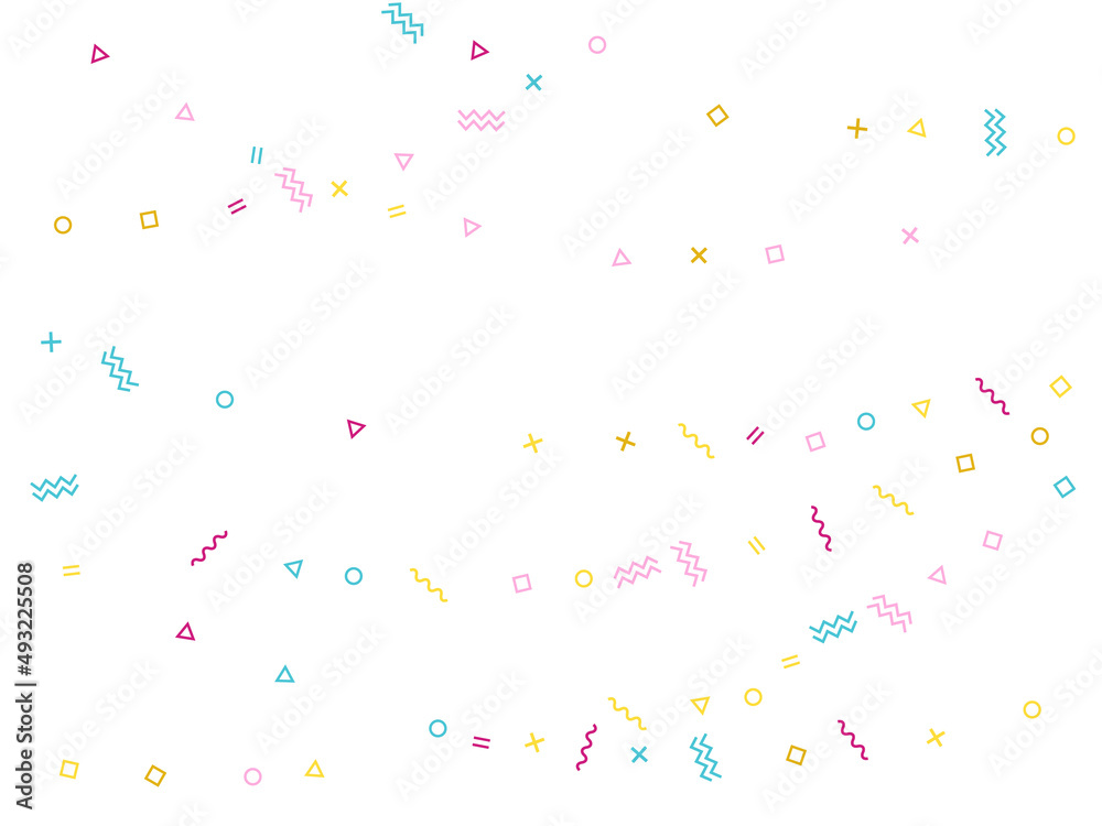 Memphis style geometric confetti background with triangle, circle, square, zigzag and wavy line