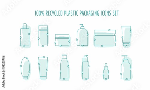 Recycled cosmetic plastic bottles set - eco packaging icon. Vector stock illustration isolated on white background for label, wrapping, package. 