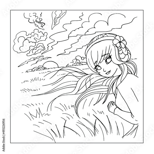 vector coloring page with cute anime girl