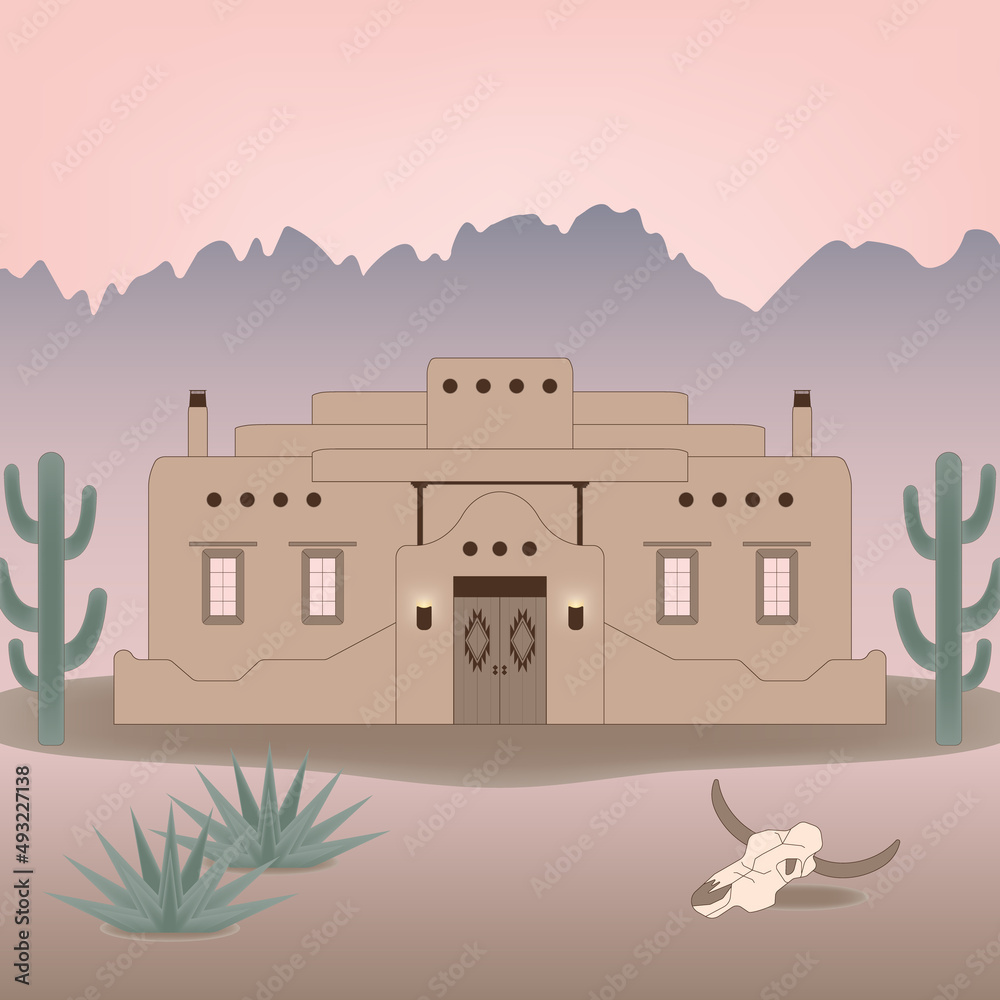 Obraz premium Santa Fe ranch, adobe home. Pueblo style, southwestern house in the desert with cactus, mountains and cow skull. Typical and traditional building in New Mexico, USA. Hand drawn, vector eps 10.