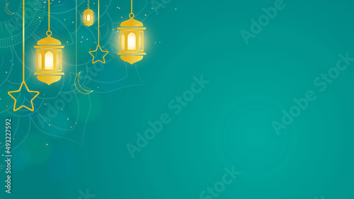Eid Mubarak greeting card design. Eid al-Fitr vector illustration of blue color with moon and elements sign on free spaces. Festival of Muslim, Islamic holiday