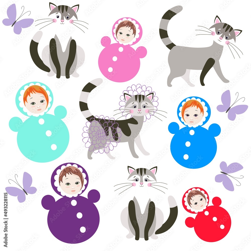 Charming endless backdrop for baby fabric with tumbler dolls, cats and butterflies isolated on white background. Pattern for bed linen. Vector illustration.