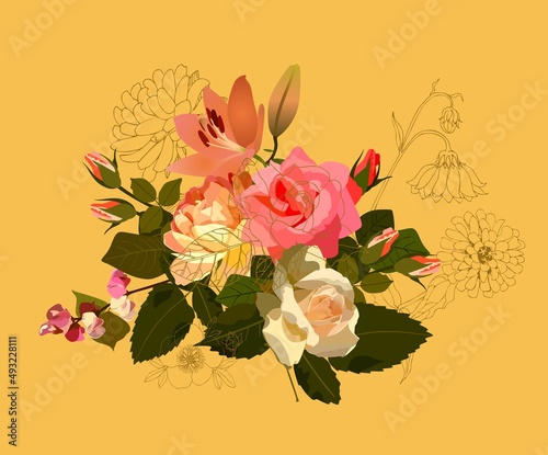 A beautiful bouquet of flowers with a golden outline over the pattern. Beautiful print for fabric, dishes, postcards. Natural background. Vector design.