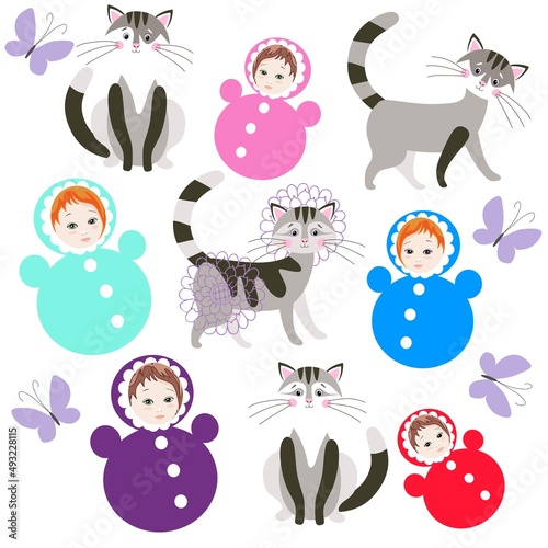 Charming endless backdrop for baby fabric with tumbler dolls, cats and butterflies isolated on white background. Pattern for bed linen. Vector illustration.