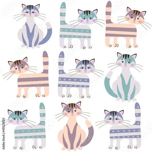 Funny endless background with cute cartoon cats in different poses isolated on white background. Fabric print for kids. Delightful set of Chinese New Year symbols.