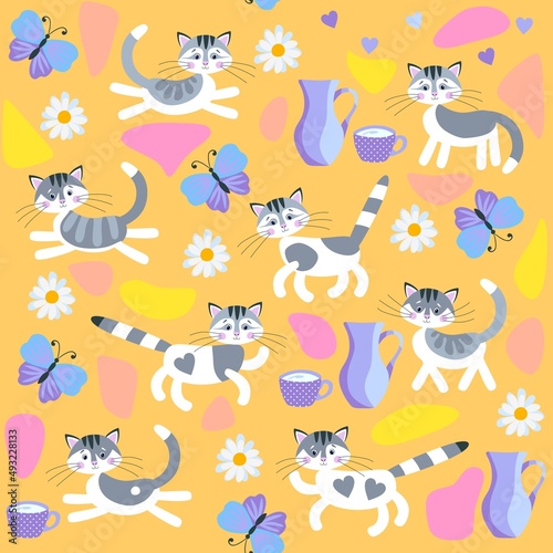 Fairy tale print for kids with cute cartoon cats, milk jugs, butterflies, flowers and colorful spots on a light orange background. Fabric, wallpaper. Symbols of the Chinese New Year. 2023.