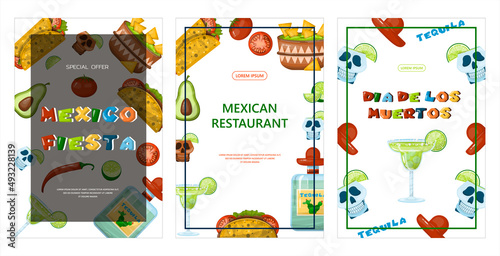 Traditional Mexican food banner. vector cartoon illustration. Mexican street, restaraunt and homemade food and drinks icons for ethnic menu. Cinco de mayo