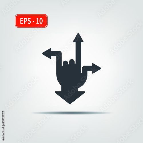Icon for use in web applications, mobile applications and print media. EPS-10. Vector image. Four arrows are directed from the hand in different directions.