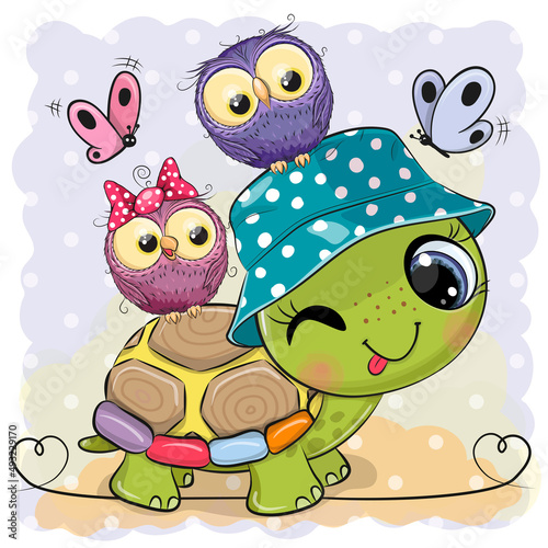 Fototapeta Naklejka Na Ścianę i Meble -  Cartoon Turtle with two owls on the meadow